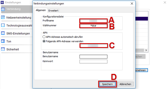 Verbindungseinstellungen: Daten eingeben und Speichern