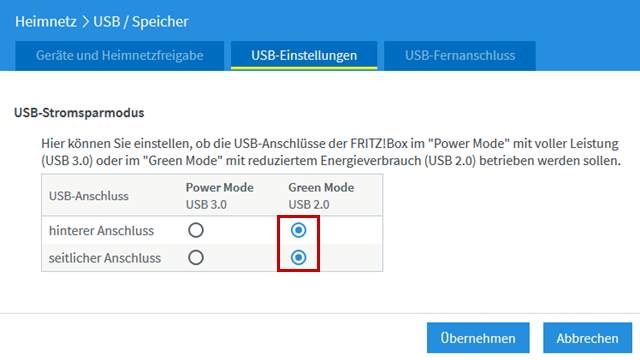 FRITZBox-Benutzeroberfläche: USB-Stromsparmodus hervorgehoben
