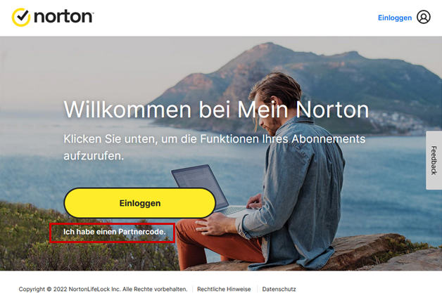 Login Norton unter Angabe einer Partnercodes, das Feld für den Partnercode ist hervorgehoben