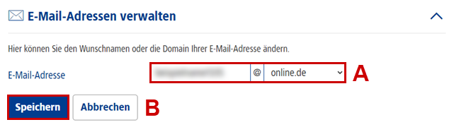 Eingabefelder für E-Mail-Adresse und -Domain und Speichern-Button hervorgehoben