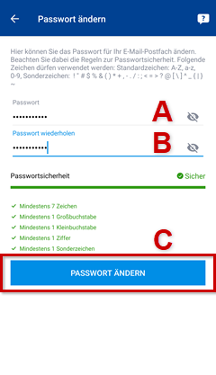 Eingabefeld für Passwort-, Passwort wiederholen & Schaltfläche zur Bestätigung sind mit roter Farbe hervorgehoben.