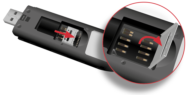 LTE-Antenne, roter Pfeil und Zoom zeigen, dass SIM-Kartenhalter nach hinten geschoben und anschließend nach oben angehoben werden muss.