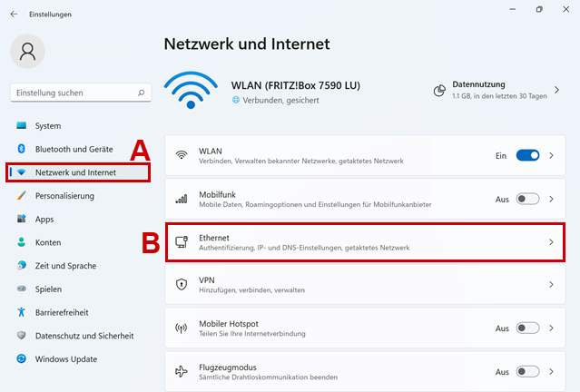 Netzwerk und Internet (A) und Ethernet (B) hervorgehoben