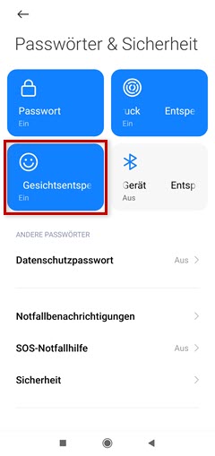Einstellungen zu "Passwörter & Sicherheit" in einem Xiaomi Smartphone