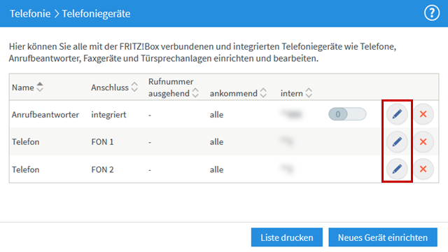 Liste eingerichteter Telefoniegeräte, Bearbeiten-Symbol hervorgehoben