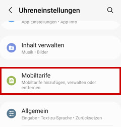 Menüpunkt "Mobiltarife" unter "Uhreneinstellungen" rot umrandet.