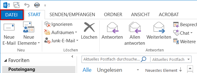 Outlook Startseite, "Datei"-Schaltfläche oben links ist mit rotem Rand hervorgehoben.