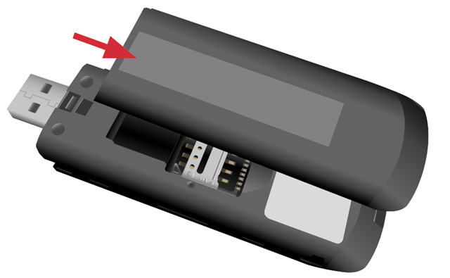 LTE-Antenne, roter Pfeil zeigt, dass der Deckel zum Öffnen nach hinten geschoben werden muss.