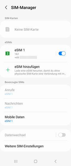 SIM-Manager mit aktivierter eSIM