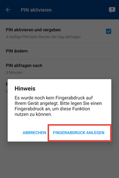 Control-Center-App: Fingerabdruck anlegen markiert