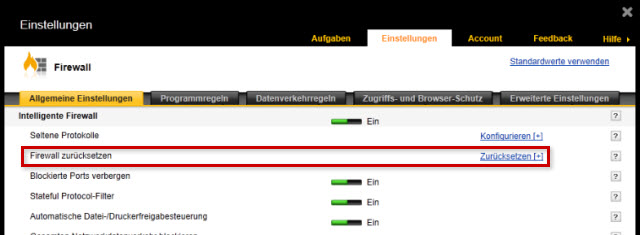 Einstellungen mit Register Allgemeine Einstellungen und Rahmen um Firewall zurücksetzen