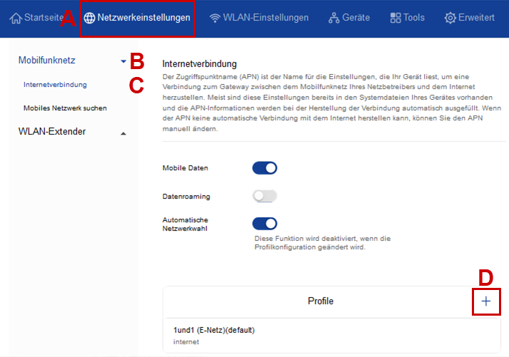 Internetverbindung unter den Netzwerkeinstellungen mit der Verwaltung der APN Profile.
