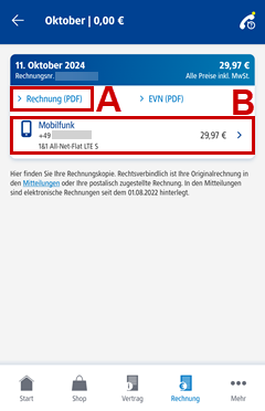 Control-Center-App Rechnung Details und Download als PDF hervorgehoben