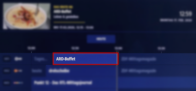 Programmübersicht, aktuell laufende Sendung hervorgehoben