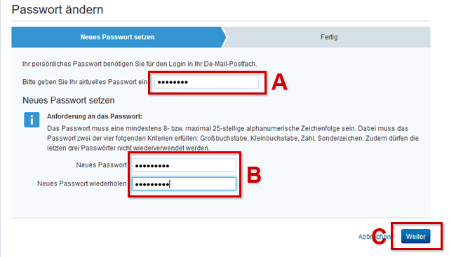 Feld für aktuelles Passwort (A) & Felder für neues Passwort + neues Passwort wiederholen mit Icon hervorgehoben.