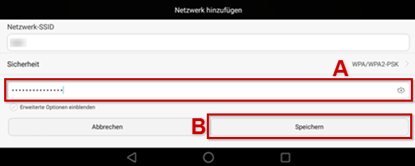 Sicherheitsfeld (A) für Netzwerkschlüssel-Eingabe & Speichern (B) mit rotem Icon hervorgehoben