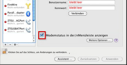 Auswahl: Modemstatus in der Menüleiste einblenden hervorgehoben