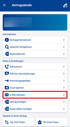 Vertragsdetails, Menü für E-Mail-Adressen hervorgehoben