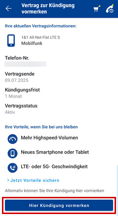 Control-Center-App: Kündigung vormerken hervorgehoben