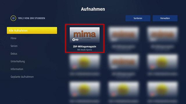 Aufnahmeübersicht, eine aufgenommene Sendung beispielhaft hervorgehoben