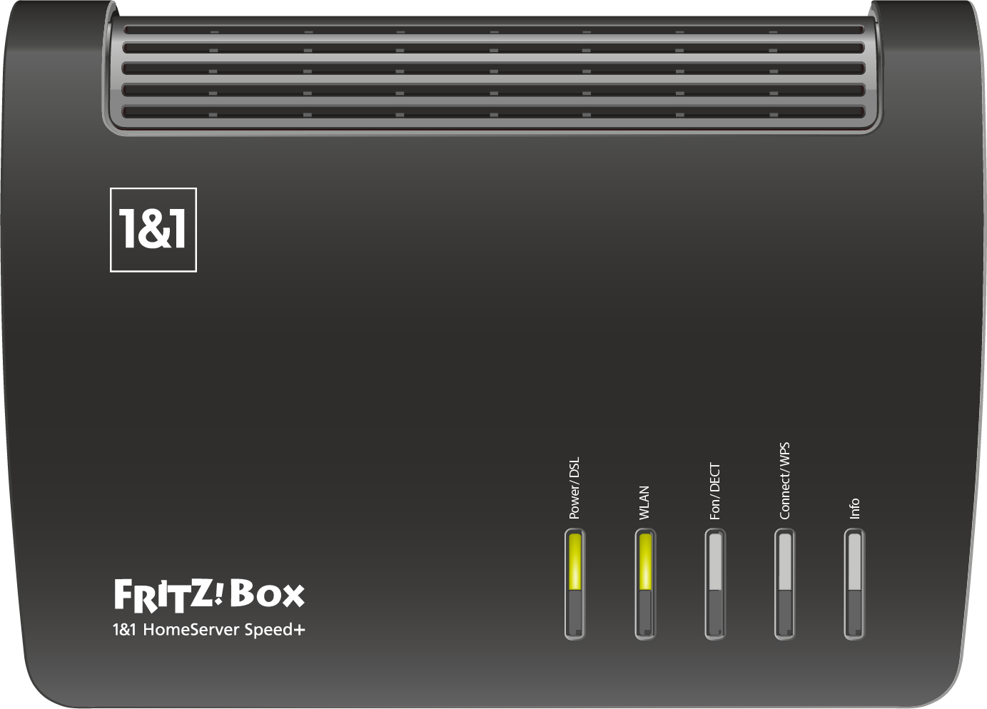 Ansicht eines 1&1 HomeServers von oben, die DSL- und WLAN-LED leuchtet.