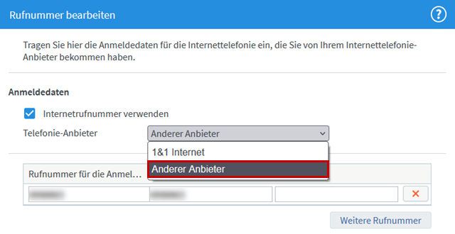 Menü zum Bearbeiten einer Rufnummer, Ausklappmenü zur Telefonanbieterauswahl hervorgehoben