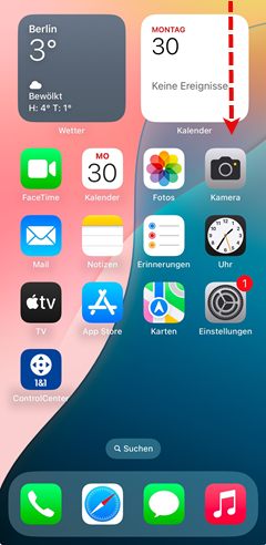 Der Startbildschirm eines iPhones mit Pfeil 