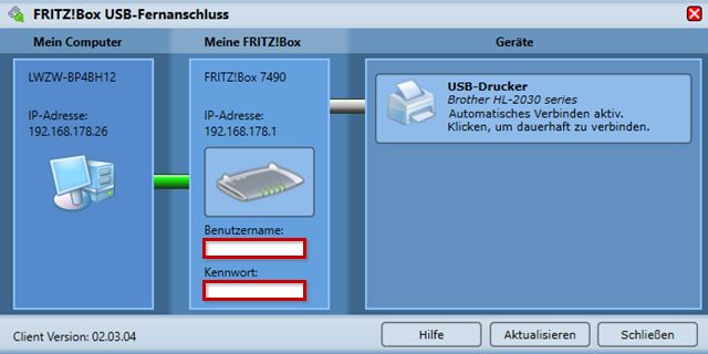 Programm für den USB-Fernanschluss, Anmeldefenster hervorgehoben