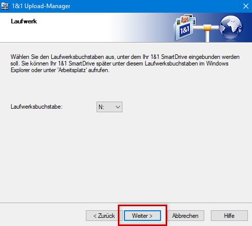 Upload-Manager: Einrichtungs-Assistent, Laufwerk benennen, Weiter markiert