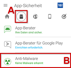 Startbildschirm  Norton Mobile Security App: Anti-Malware mit Rahmen um das Android-Symbol und Anti-Malware