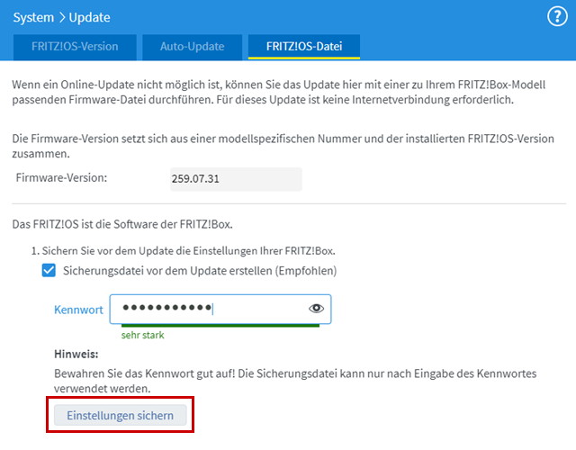 FRITZ!OS-Datei-Menü, Button zum Sichern der Einstellungen hervorgehoben