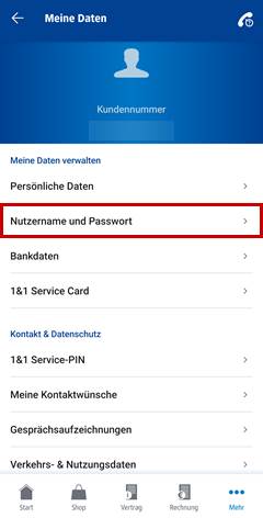 1&1 Control-Center-App Menü Kundendaten. Der Punkt "Nutzername und Passwort" ist markiert