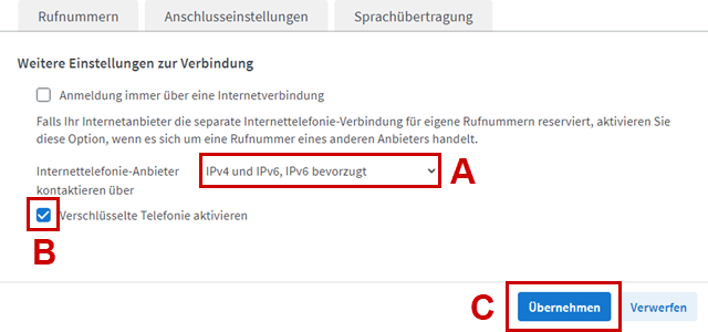 Rufnummer-Einstellungen, Interaktionsflächen zum Aktivieren verschlüsselter Telefonie hervorgehoben