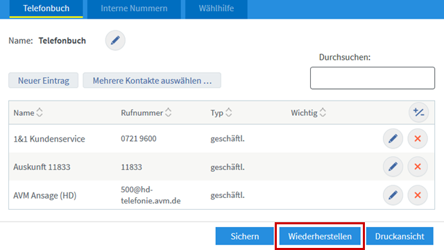 Übersicht von Telefonbucheinträgen, Button zum Wiederherstellen des Telefonbuchs hervorgehoben