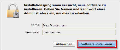 Eingabefeld für Name und Kennwort des Administrators mit Rahmen um Software installieren