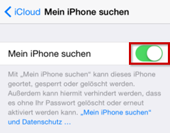 Mein iPhone suchen: Schieberegler hervorgehoben