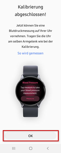 Samsung Galaxy Watch: Kalibrierung abgeschlossen, OK markiert