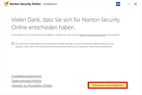 Norton Security Online: Lizensbestimmungen zustimmen und installieren hervorgehoben
