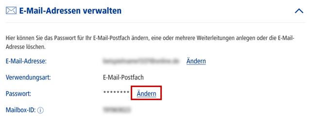 Menü zum Bearbeiten einer E-Mail-Adresse, Link zum Ändern des Passworts hervorgehoben