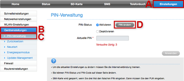 PIN-Verwaltung in den den Einstellungen
