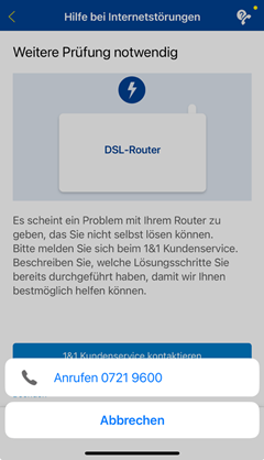 Hinweis, dass eine weitere Prüfung notwenig ist mit Button, um den Kundenservice anzurufen.