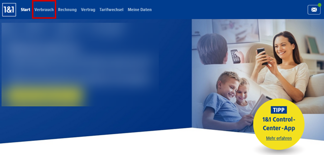 1&1 Control-Center Startseite mit Rahmen um den Reiter Verbrauch