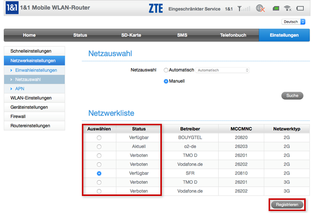 Netzwerkliste mit verbotenen und verfügbaren Betreibern