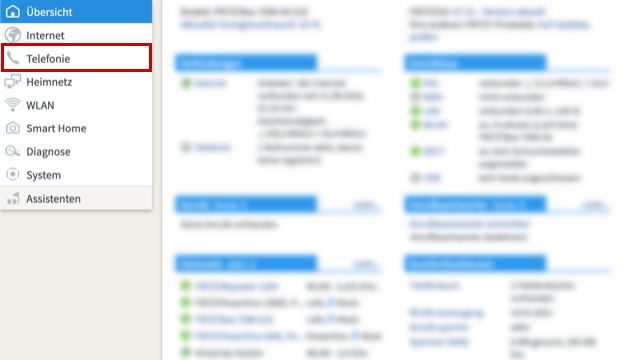 FRITZ!OS-Übersichtsseite, Ausklappmenü-Titel für Telefonie hervorgehoben