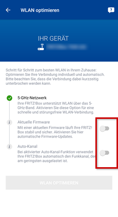 Menü "WLAN optimieren", Schieberegler für die Optimierungsoptionen hervorgehoben