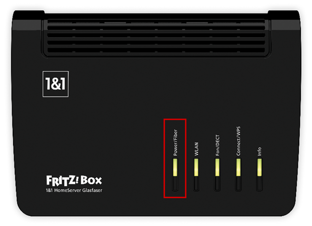 FritzBox Router, LEDs für Power, DSL und WLAN leuchten, Power/DSL LED markiert