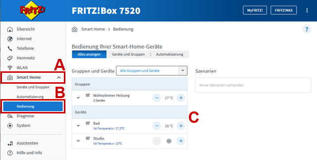 Menü der Fritz!Box zur Bedienung der Smart-Home-Geräten.