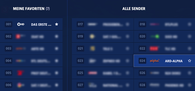 Senderfavoriten-Menü, ein Sender beispielhaft hervorgehoben