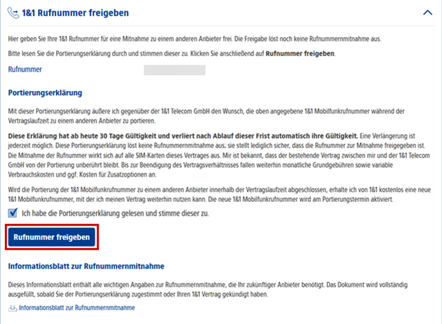 1&1 Rufnummer freigeben (Formular), "Rufnummer freigeben"-Schaltfläche unten ist mit rotem Rand hervorgehoben.