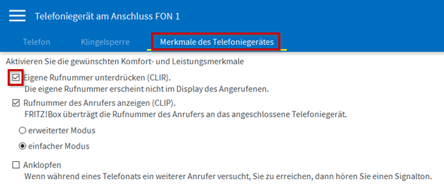 Menü für Merkmale des Telefoniegeräts, Auswahlfeld für Rufnummernunterdrückung aktiv und hervorgehoben